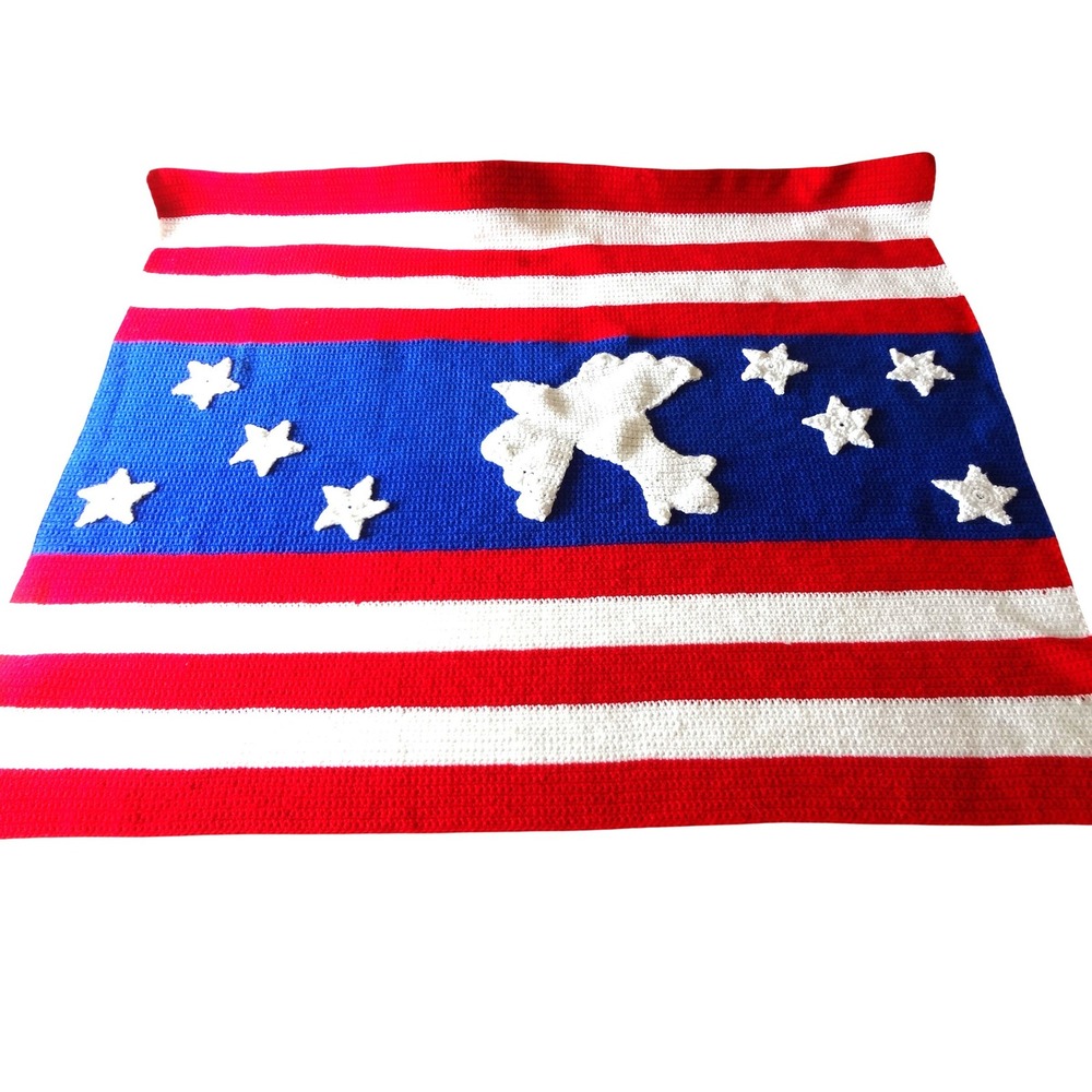 Handmade Crochet Patriotic American Flag Afgan Stars Dove Red White Blue 47"x56"
